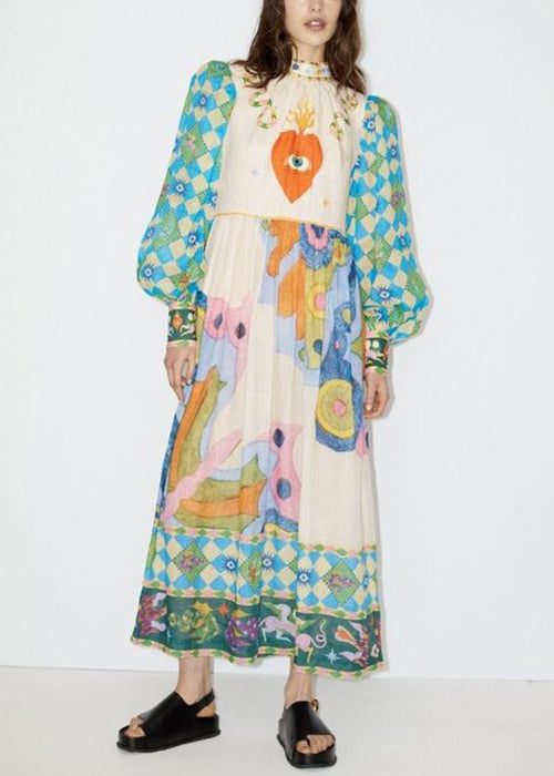 French Blue Print Lace Up Patchwork Cotton Dress Long Sleeve FF091