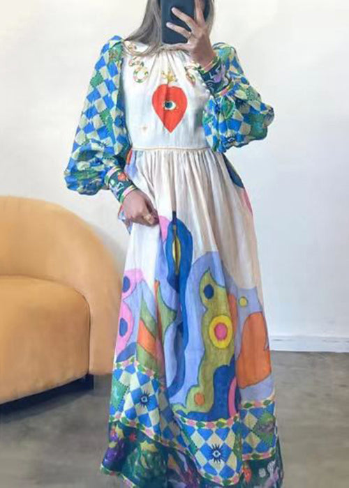 French Blue Print Lace Up Patchwork Cotton Dress Long Sleeve FF091