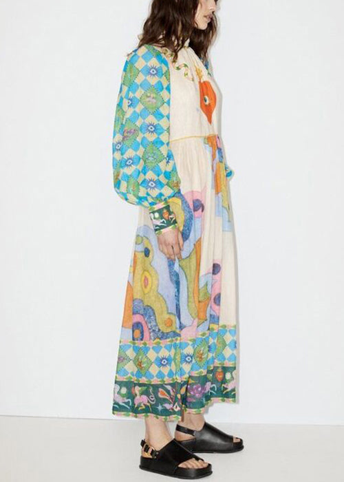 French Blue Print Lace Up Patchwork Cotton Dress Long Sleeve FF091