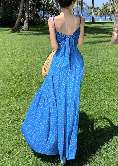 Summer Dress Patchwork Blue Spaghetti Print Maxi French Strap