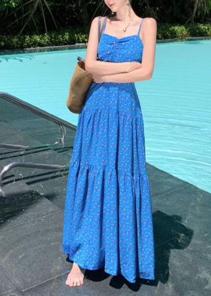 Summer Dress Patchwork Blue Spaghetti Print Maxi French Strap