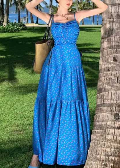 Summer Dress Patchwork Blue Spaghetti Print Maxi French Strap