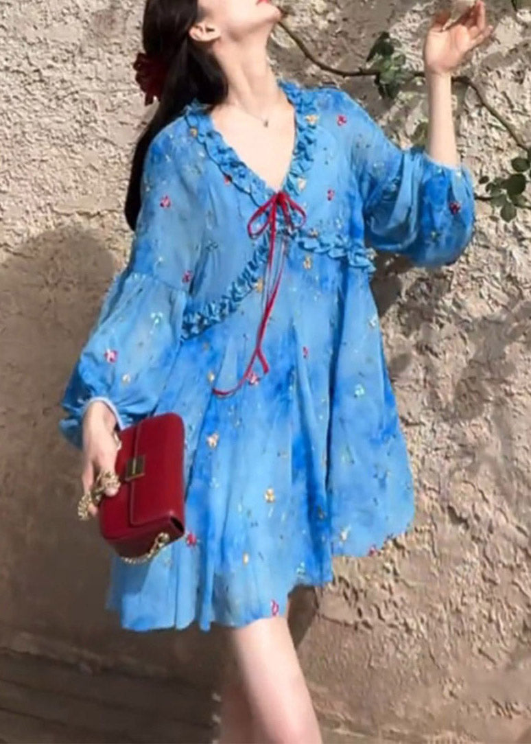 Puff Sleeve Dresses Ruffled French Blue Print Chiffon