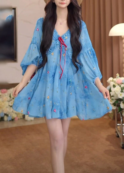 Puff Sleeve Dresses Ruffled French Blue Print Chiffon