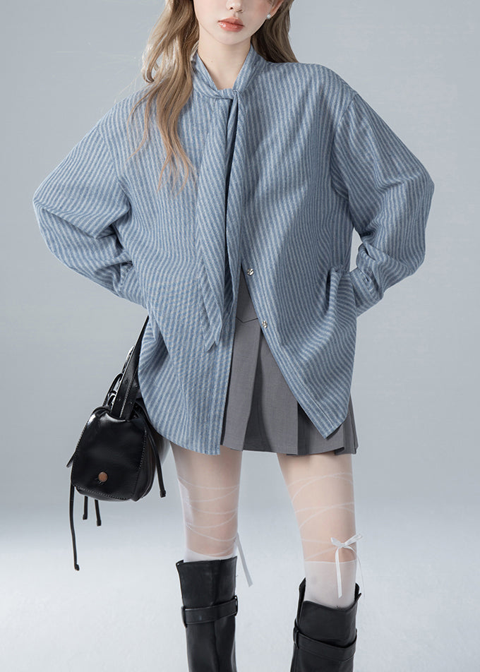 Striped Bow Blue Spring French Shirts Cotton