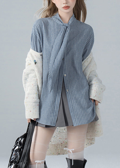 Striped Bow Blue Spring French Shirts Cotton