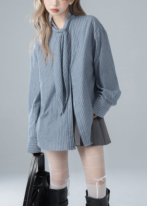 Striped Bow Blue Spring French Shirts Cotton