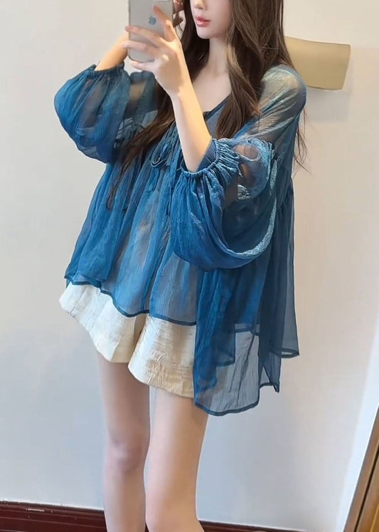 Flare Neck Chiffon French Up V Lace Blue Top Sleeve