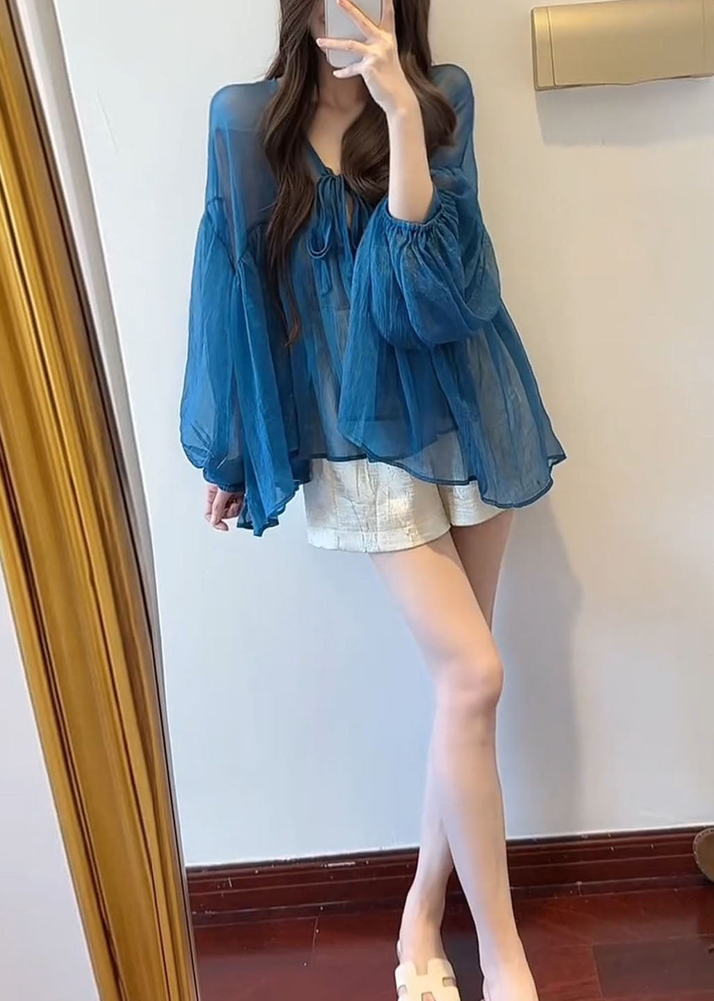 Flare Neck Chiffon French Up V Lace Blue Top Sleeve