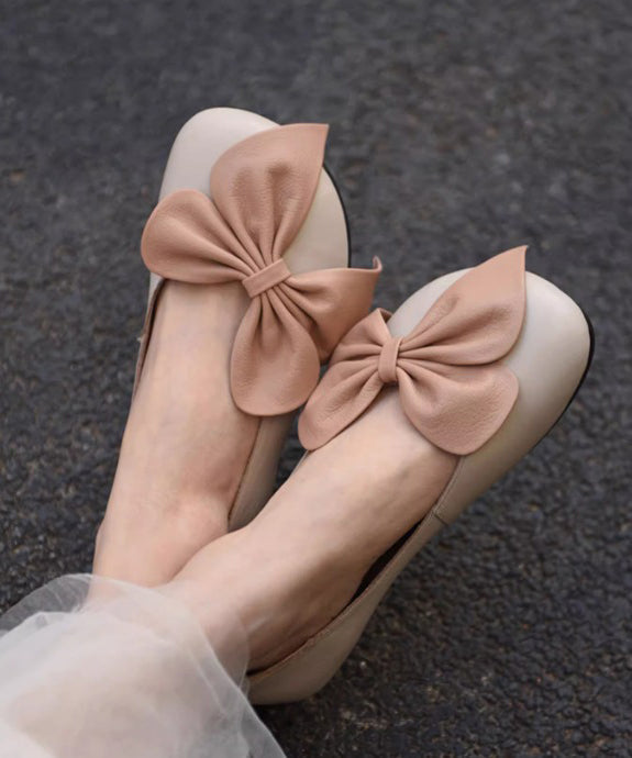 Faux Splicing Loafers French Beige Leather Bow Penny