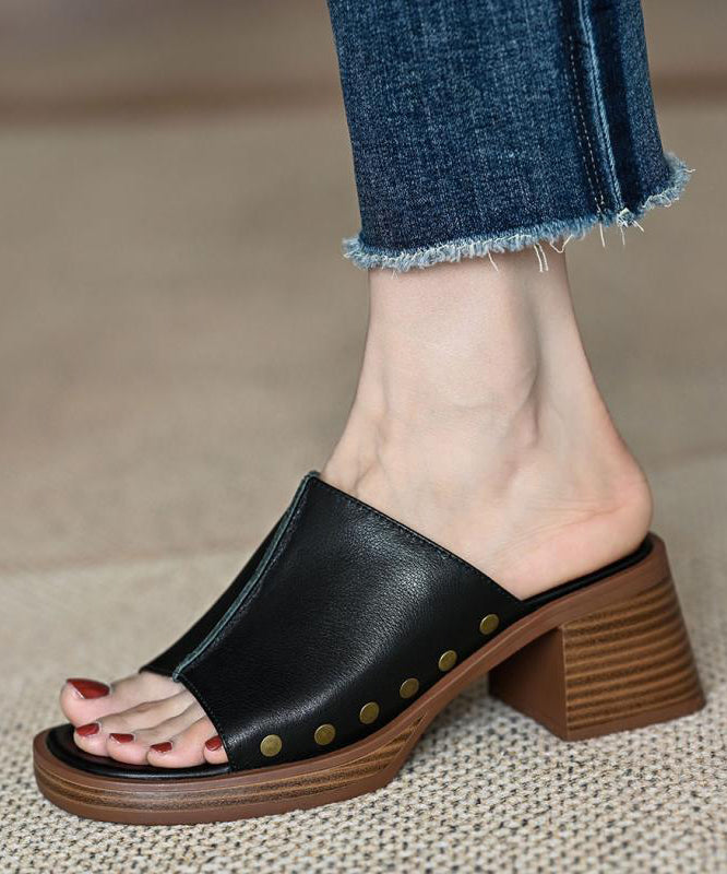 French Toe Peep Rivet Chunky Heel Splicing Sandals Brown Slide