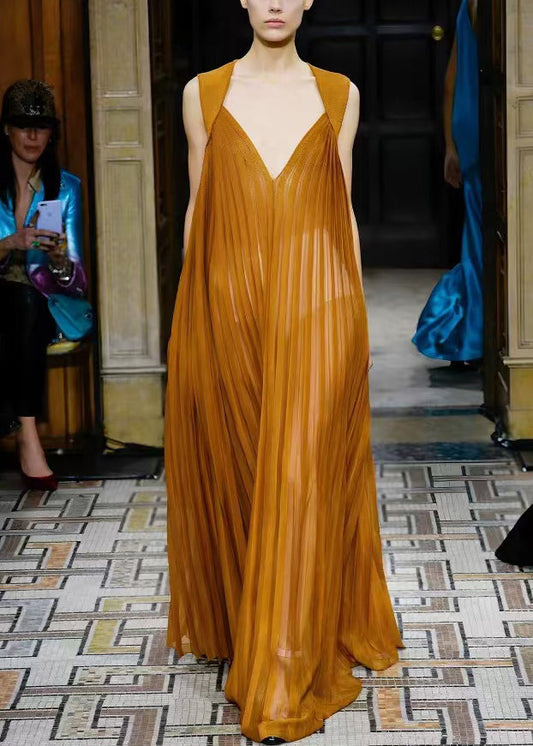 Neck French V Dresses Long Brown Wrinkled Chiffon Sleeveless