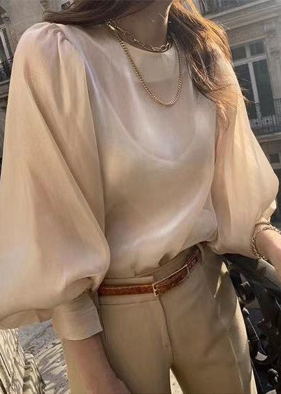 Silk Lantern Draping Sleeve French Blouses Champagne Sheer