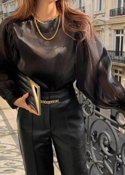 Silk Lantern Draping Sleeve French Blouses Champagne Sheer