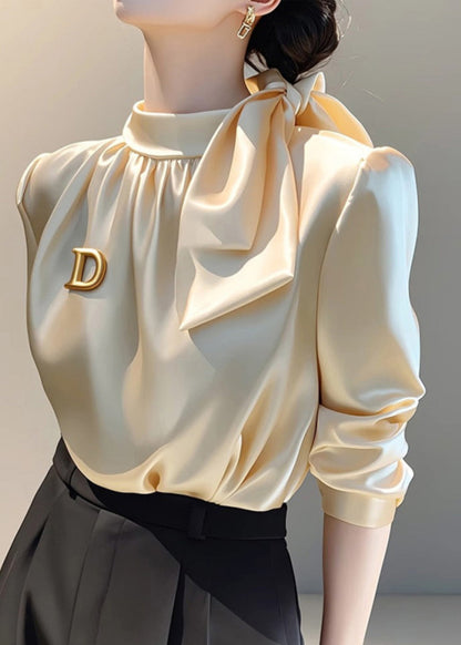 Silk Spring French Stand Champagne Bow Blouse Collar Top