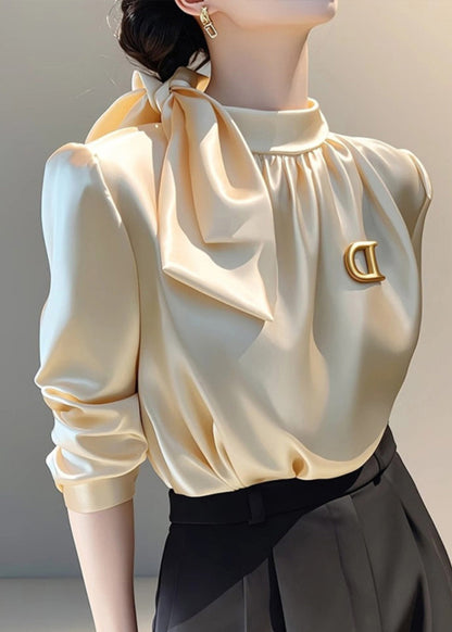 Silk Spring French Stand Champagne Bow Blouse Collar Top