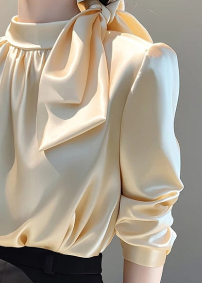 Silk Spring French Stand Champagne Bow Blouse Collar Top