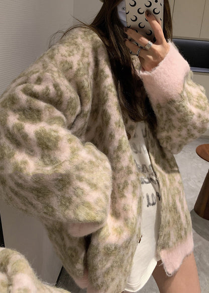 French Coffee O Neck Leopard Print Button Knit Cardigans Spring TN033
