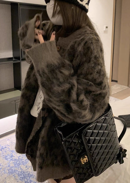 French Coffee O Neck Leopard Print Button Knit Cardigans Spring TN033