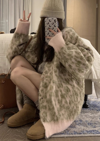 French Coffee O Neck Leopard Print Button Knit Cardigans Spring TN033