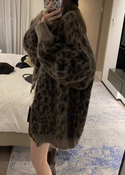 French Coffee O Neck Leopard Print Button Knit Cardigans Spring TN033