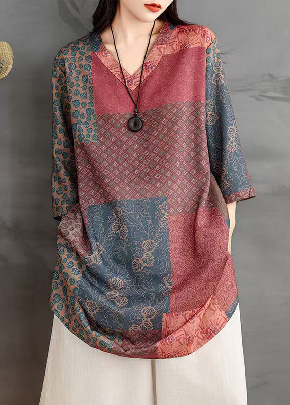 V French Print Shirts Neck Sleeve Colorblock Linen Bracelet