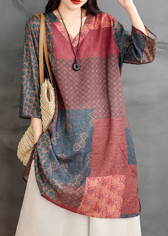 Shirts Neck V Bracelet Print French Colorblock Linen Sleeve