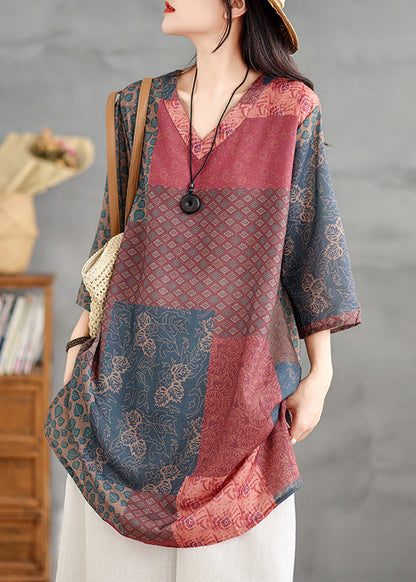 Shirts Neck V Bracelet Print French Colorblock Linen Sleeve