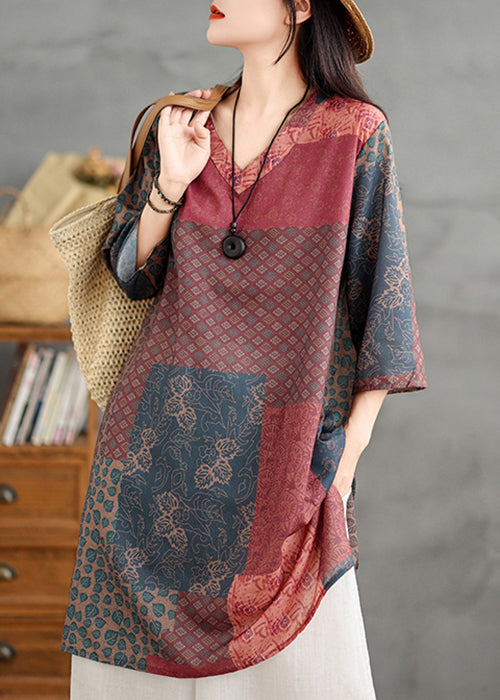 V French Print Shirts Neck Sleeve Colorblock Linen Bracelet