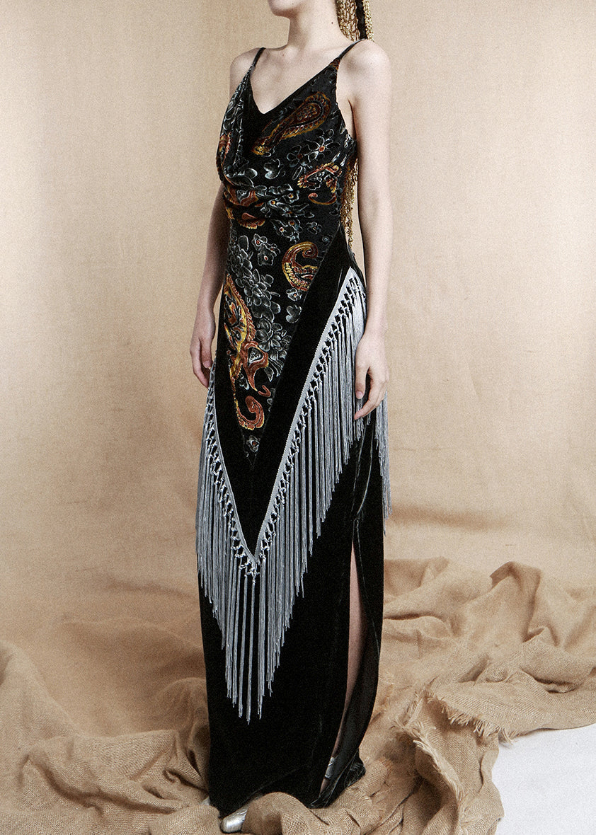 French Dark Gray V Neck Tasseled Silk Velvet Spaghetti Strap Dress Sleeveless KK075