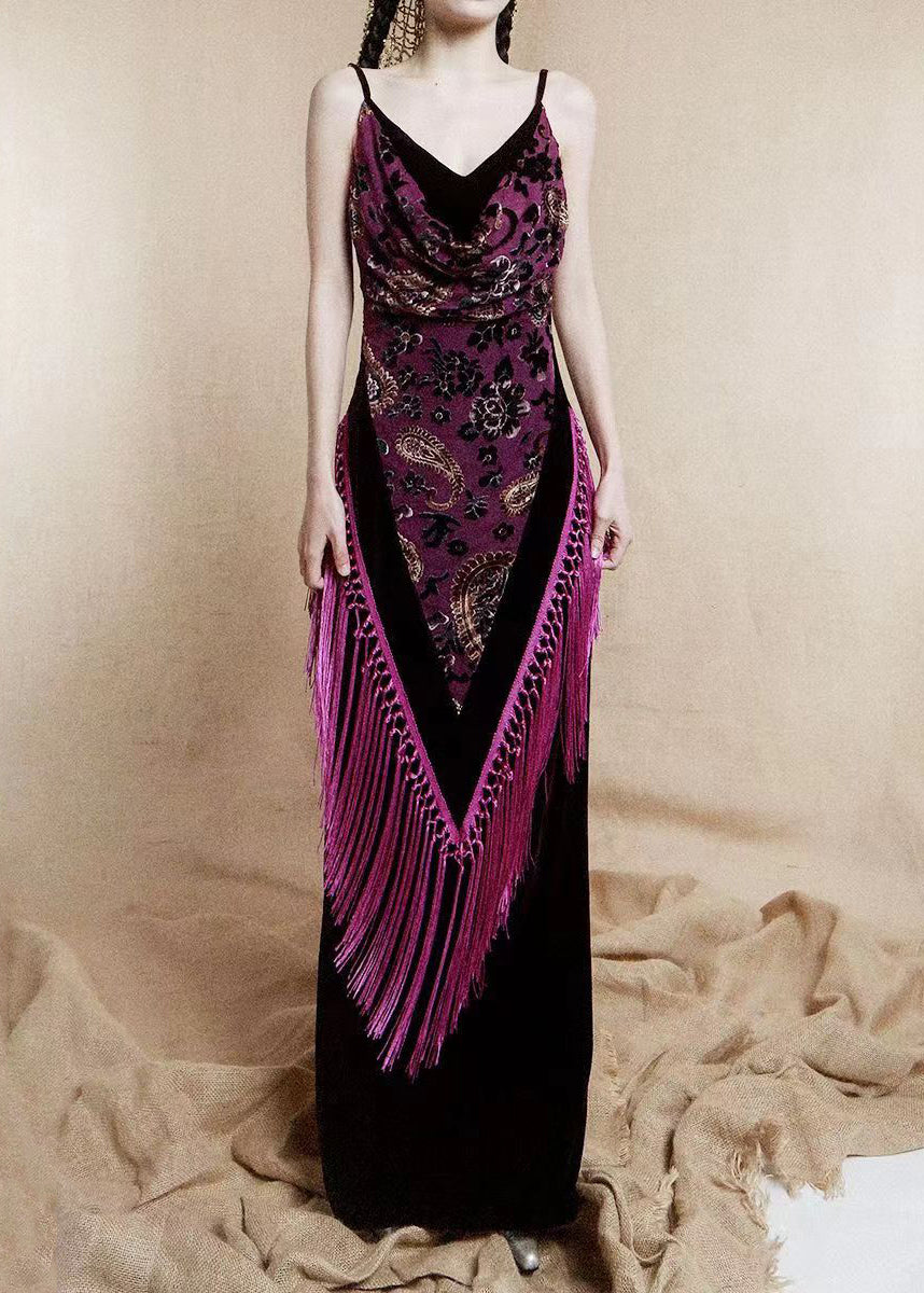 French Dark Gray V Neck Tasseled Silk Velvet Spaghetti Strap Dress Sleeveless KK075