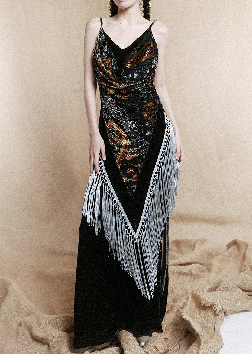 French Dark Gray V Neck Tasseled Silk Velvet Spaghetti Strap Dress Sleeveless KK075