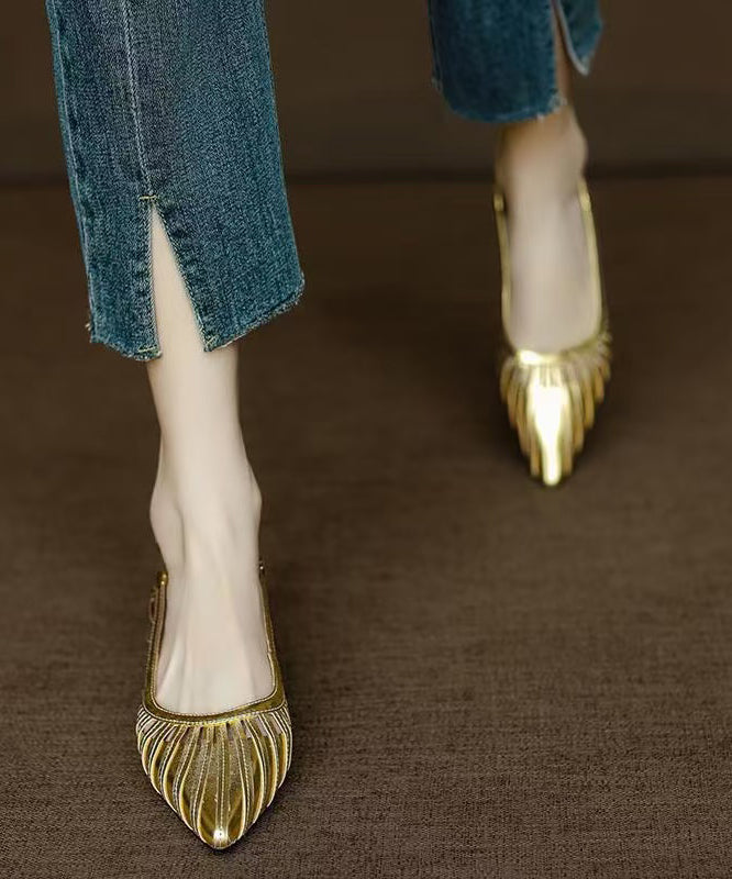 Cowhide Gold Sandals Pointed French Chunky Out Toe Hollow Leather