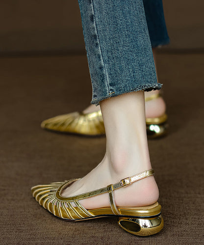 Cowhide Gold Sandals Pointed French Chunky Out Toe Hollow Leather