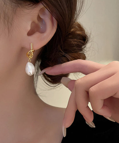 Earrings Pearl Copper Drop Asymmetrical French Gold Alloy