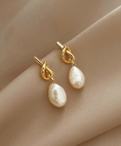 Earrings Pearl Copper Drop Asymmetrical French Gold Alloy