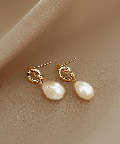 Earrings Pearl Copper Drop Asymmetrical French Gold Alloy
