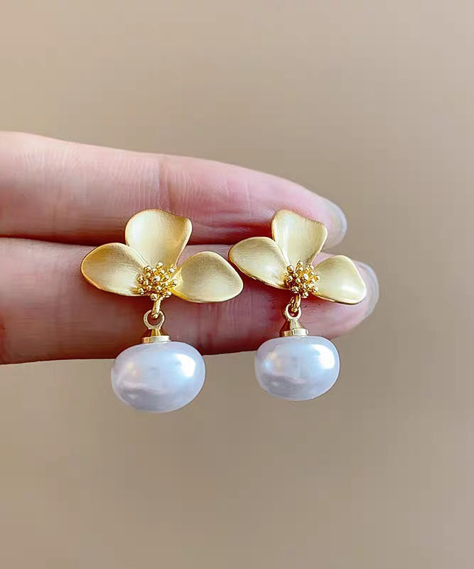 Earrings French Drop Copper Gold Floral Overgild Pearl