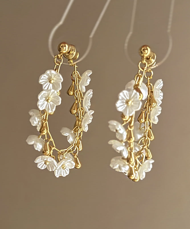 Gold Earrings Copper Floral Overgild French Hoop Tassel