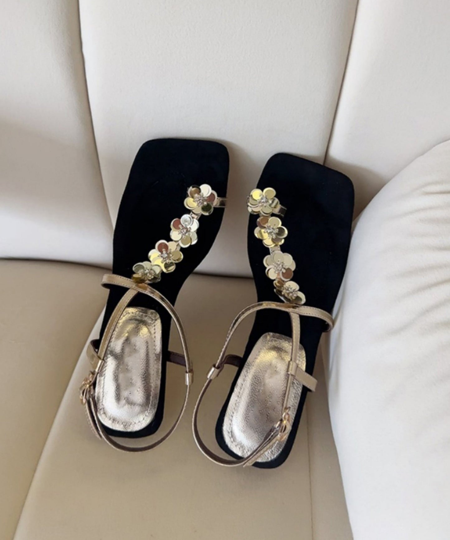 Wedge Sandals Leather Gold Faux French Heels Floral