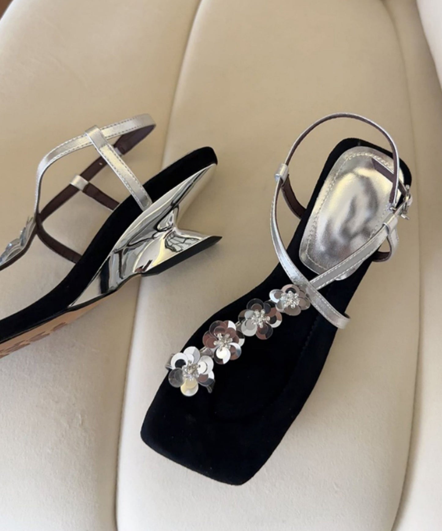 Wedge Sandals Leather Gold Faux French Heels Floral