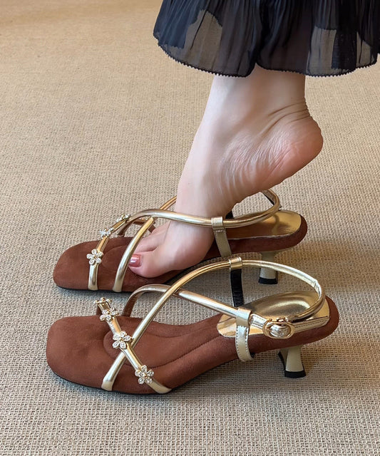 Zircon French High Flower Cross Strap Heel Toe Gold Square