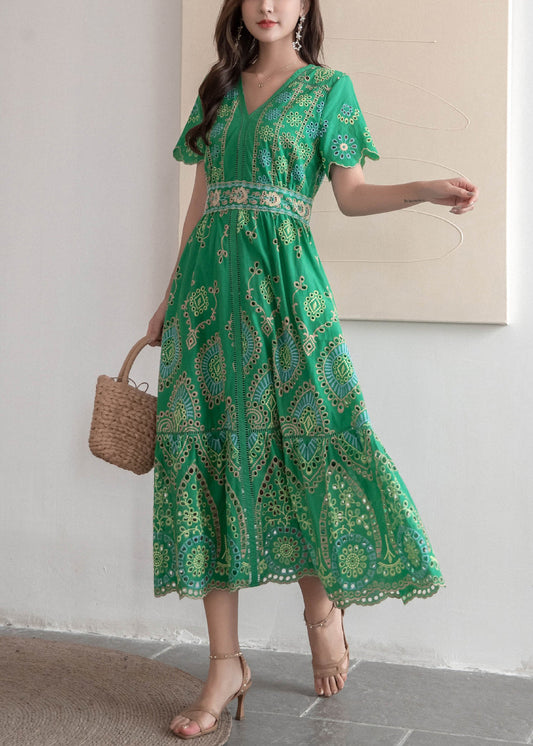 Embroidered Dresses Hollow Long Summer Green Out French Cotton