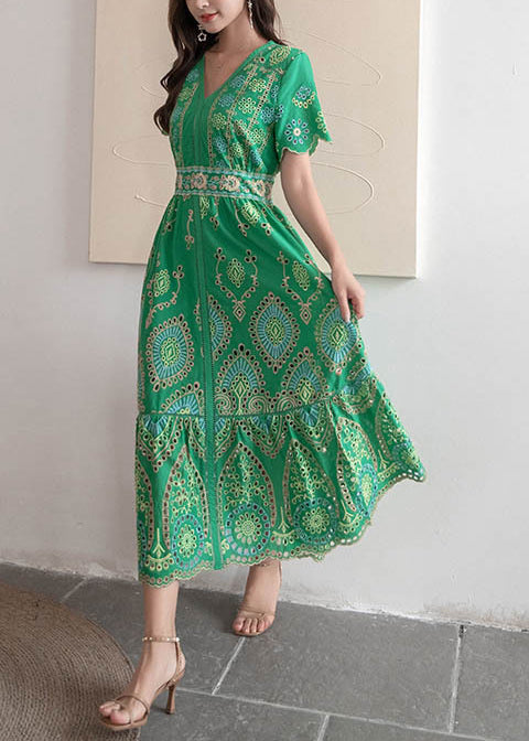 Embroidered Dresses Hollow Long Summer Green Out French Cotton