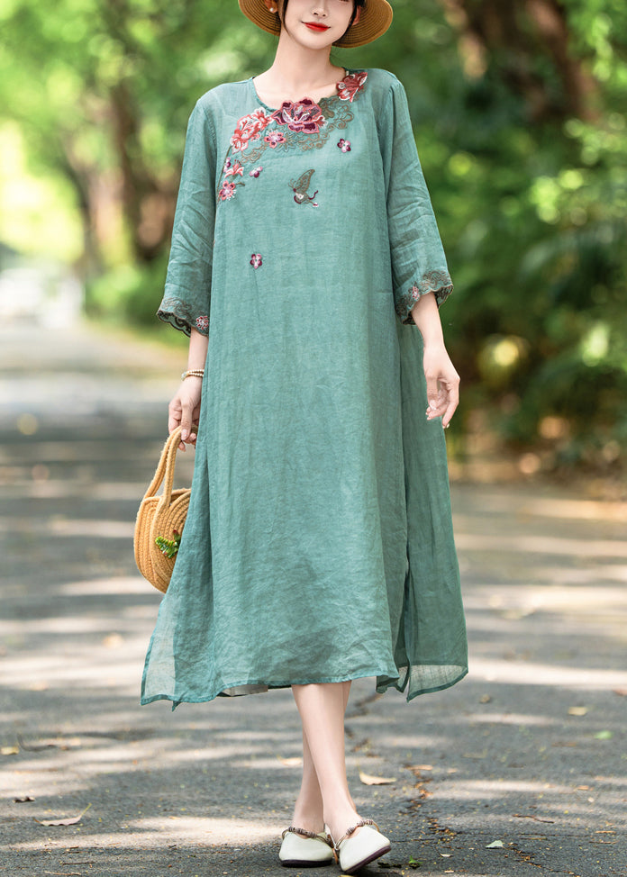 Side Open Linen Embroidered French Green Neck Dress O Bracelet