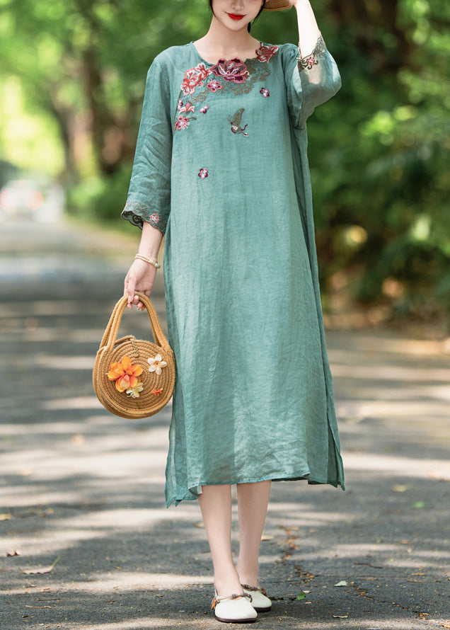 Side Open Linen Embroidered French Green Neck Dress O Bracelet