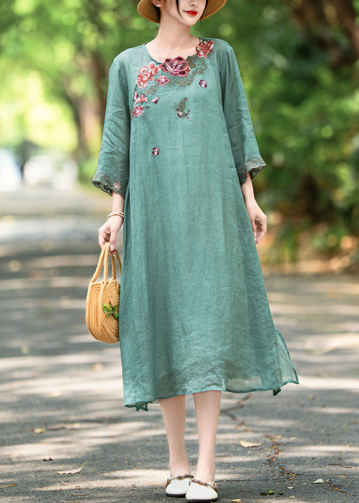 Side Open Linen Embroidered French Green Neck Dress O Bracelet