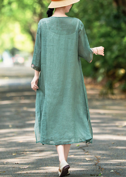 Side Open Linen Embroidered French Green Neck Dress O Bracelet