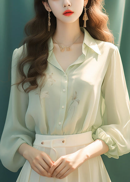 French Green Peter Pan Button Collar Silk Shirt Long Sleeve KJ017