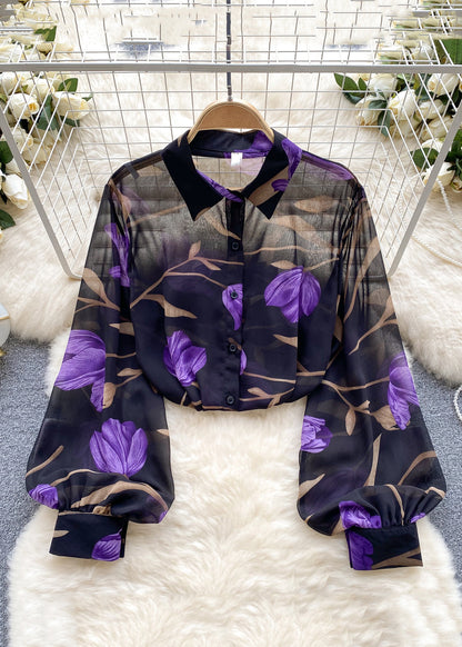 French Green Peter Pan Collar Print Button Chiffon Shirt Long Sleeve TR031